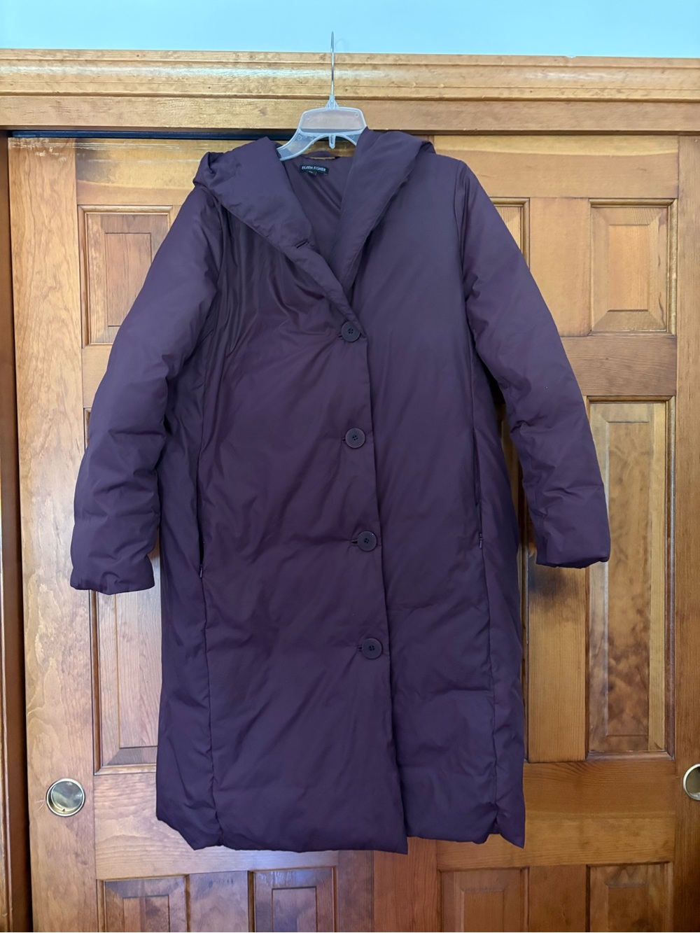 Eileen Fisher Long Hooded Puffer Coat - Deep Plum